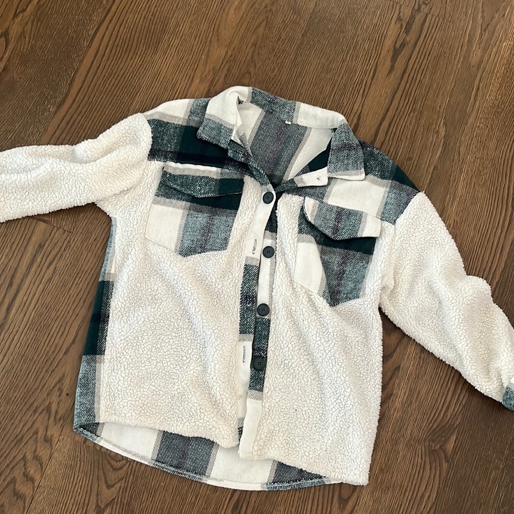 green and white fleece button down